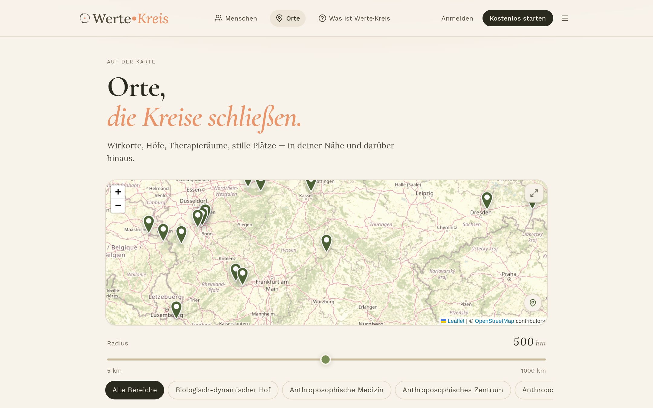 Wertekreis app – interactive map of places of impulse: farms, studios, practices and learning spaces across Europe